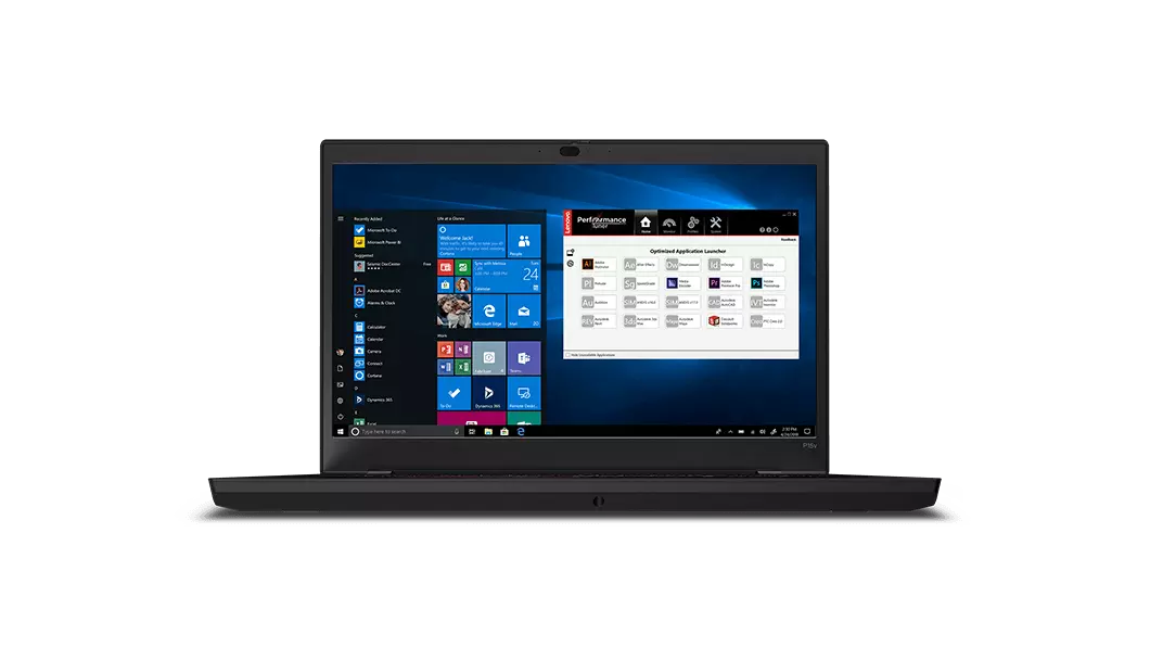 Lenovo ThinkPad P15v mobile workstation—front view, with display showing Windows menu and app launcher