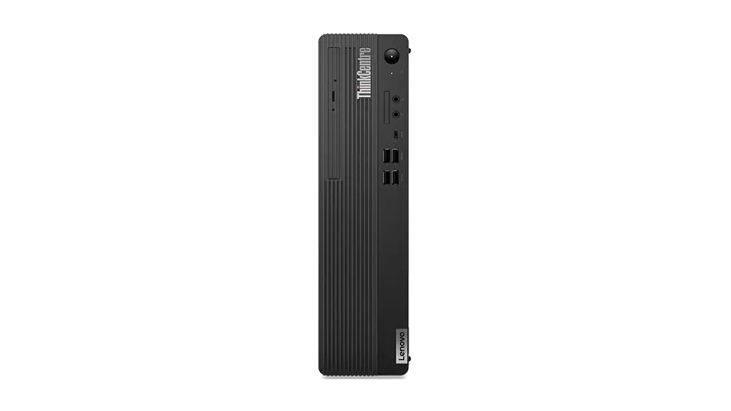Front facing Lenovo ThinkCentre M90s Gen 2 small form factor positioned vertically.