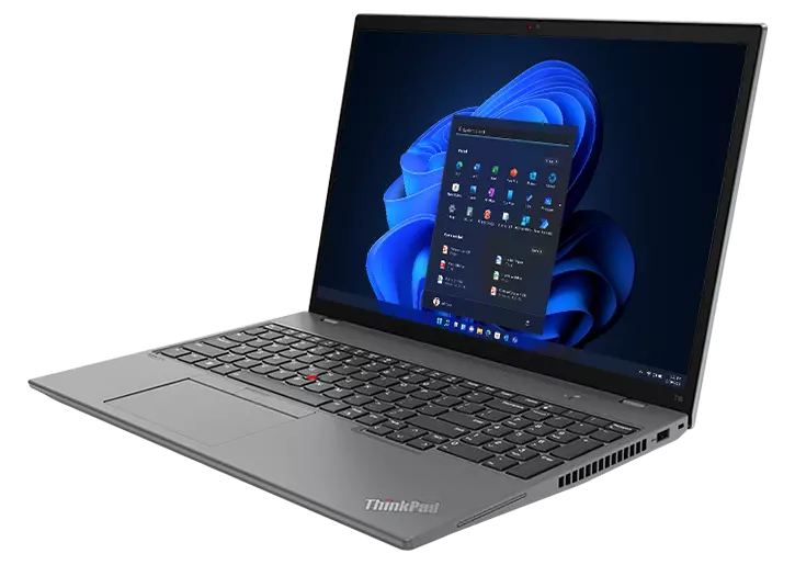Right-side view of ThinkPad T16 Gen 1 (16” AMD) laptop, showing display, keyboard, and trackpad