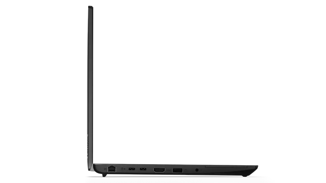Vista lateral derecha del portátil Lenovo ThinkPad L14 3ra Gen (14", AMD), abierto 90 grados en forma de L, se ve el perfil de la pantalla y el teclado