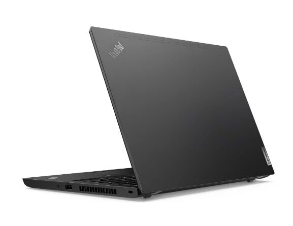 Rear-view of Lenovo ThinkPad L14 Gen 2 (Intel) laptop open about 80 degrees, angled slightly to show right-side ports.