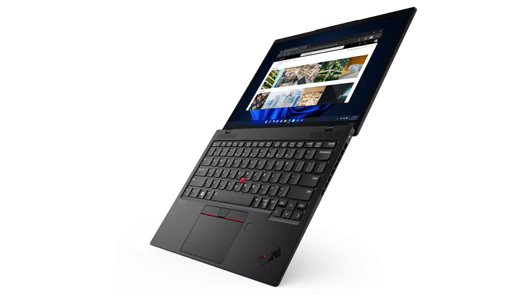 Lenovo ThinkPad X1 Nano opened flat at an angle, showing the screen and keyboard from right-hand side.