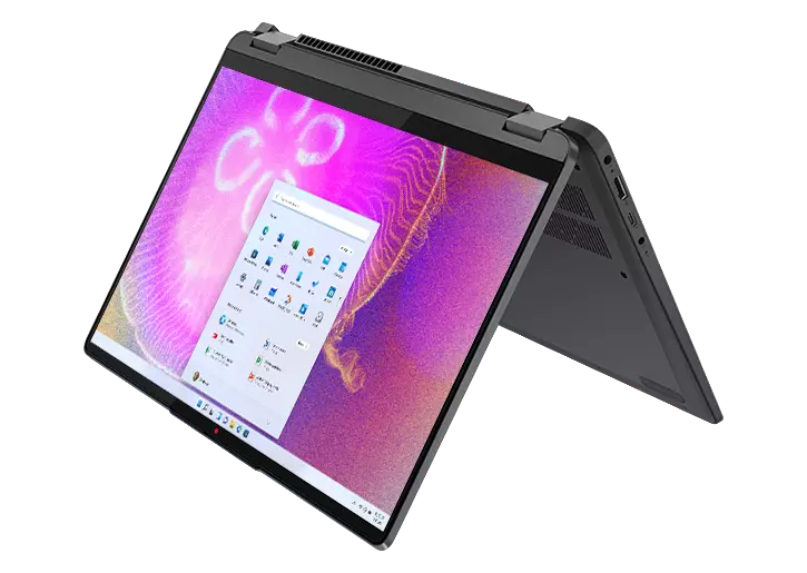 Angle view of the 14” IdeaPad Flex 5i in tent mode, with an OS panel against a swirling blue shape on the display