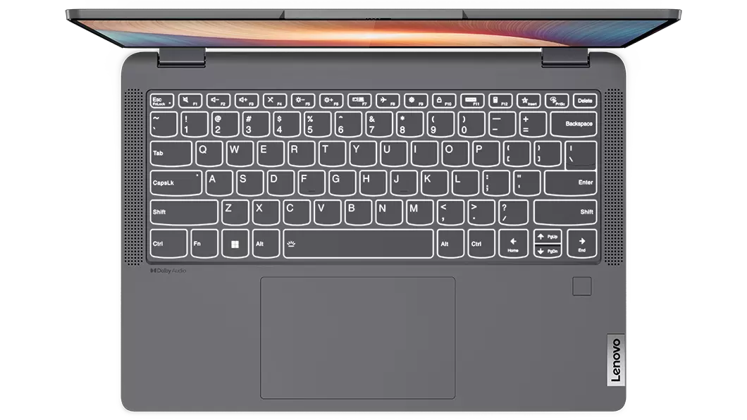 Vista superior del teclado del portátil 2-en-1 Lenovo IdeaPad Flex 5 de 7.ª generación [35,56 cm (14''), AMD], en modo portátil y con la tapa abierta