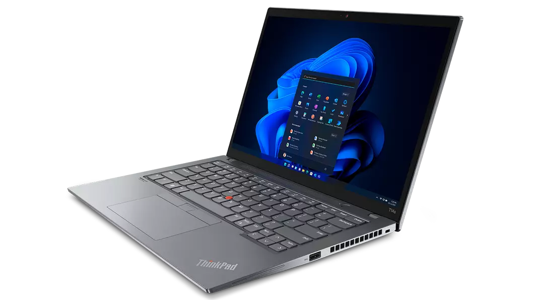 Vista frontal derecha del ThinkPad T14s 3ra Gen (14", Intel) , abierto, mostrando el teclado y la pantalla