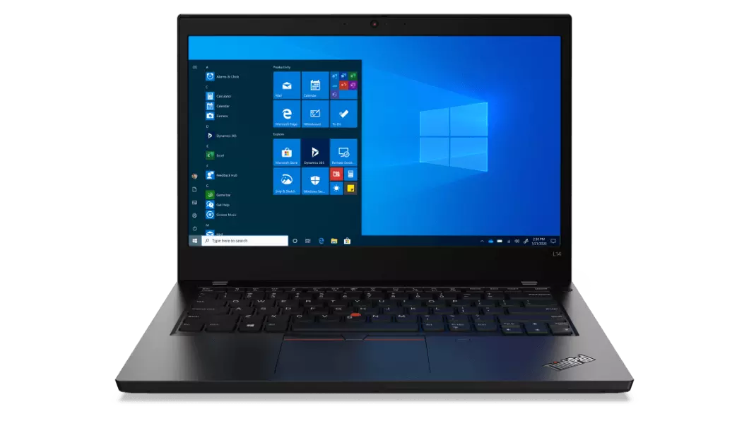 Vista frontal do portátil Lenovo ThinkPad L14 (2.ª geração) (Intel) aberto a 90 graus, a mostrar o ecrã Windows 10 Pro de 14'' (35,56 cm) e o teclado.