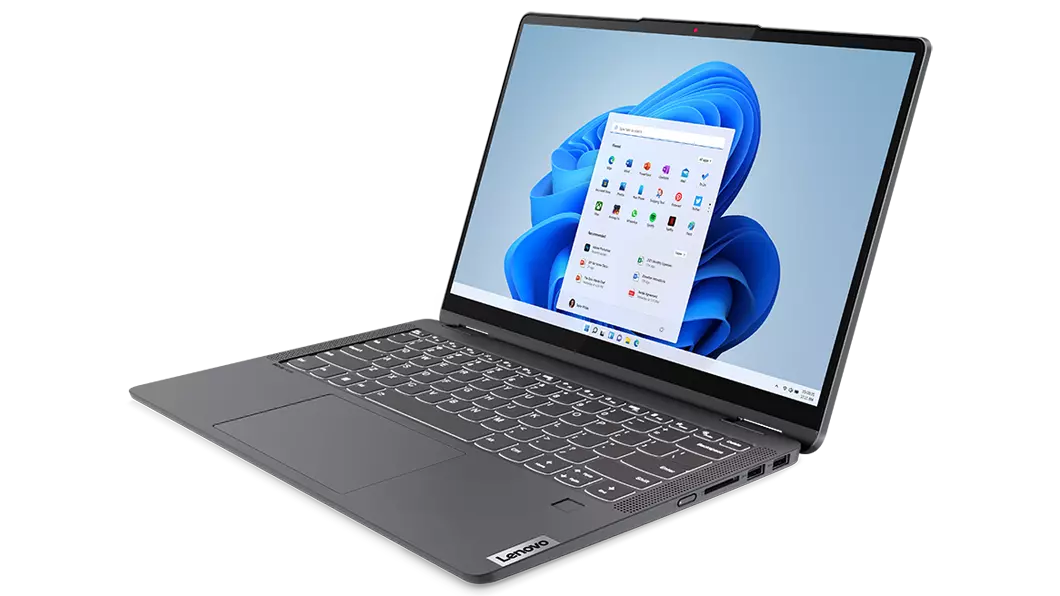 Notebook 2-in-1 Lenovo IdeaPad Flex 5 di settima generazione (14'' AMD): vista laterale destra di ¾, modalità notebook, aperto