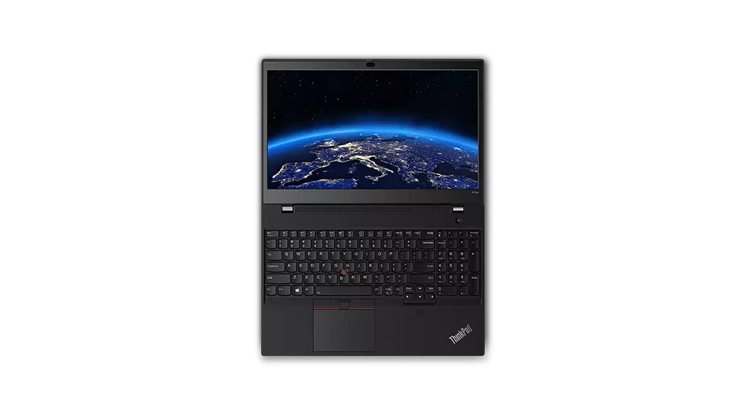 Station de travail mobile Lenovo ThinkPad P15v, vue avant de dessus, capot ouvert à 180 degrés et, à l’écran, image partielle de la Terre/de l’Eurasie vue de l’espace