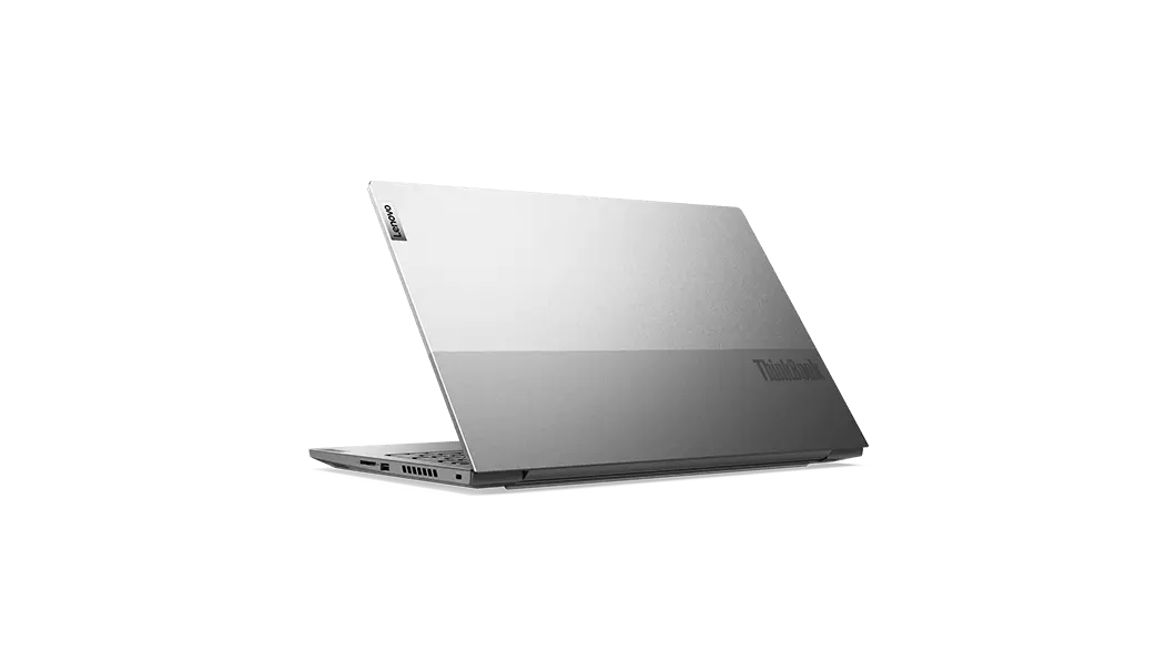 Rear left three-quarter view of Lenovo ThinkBook 15p laptop open 90 degrees