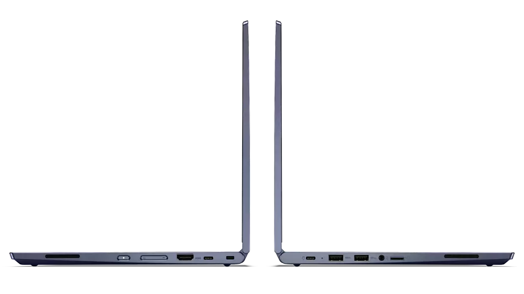 Left and right side views of the ThinkPad C13 Yoga Chromebook laptop opened at a right angle showing ports