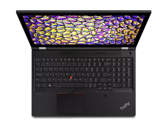Overhead shot of Black Lenovo ThinkPad T15g Gen 2 open 90 degrees, focused on keyboard.
