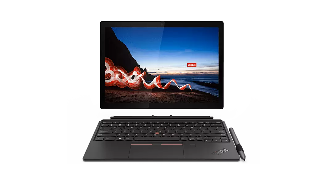 Vorderansicht des Lenovo ThinkPad X12 Detachable mit abgenommener Tastatur.