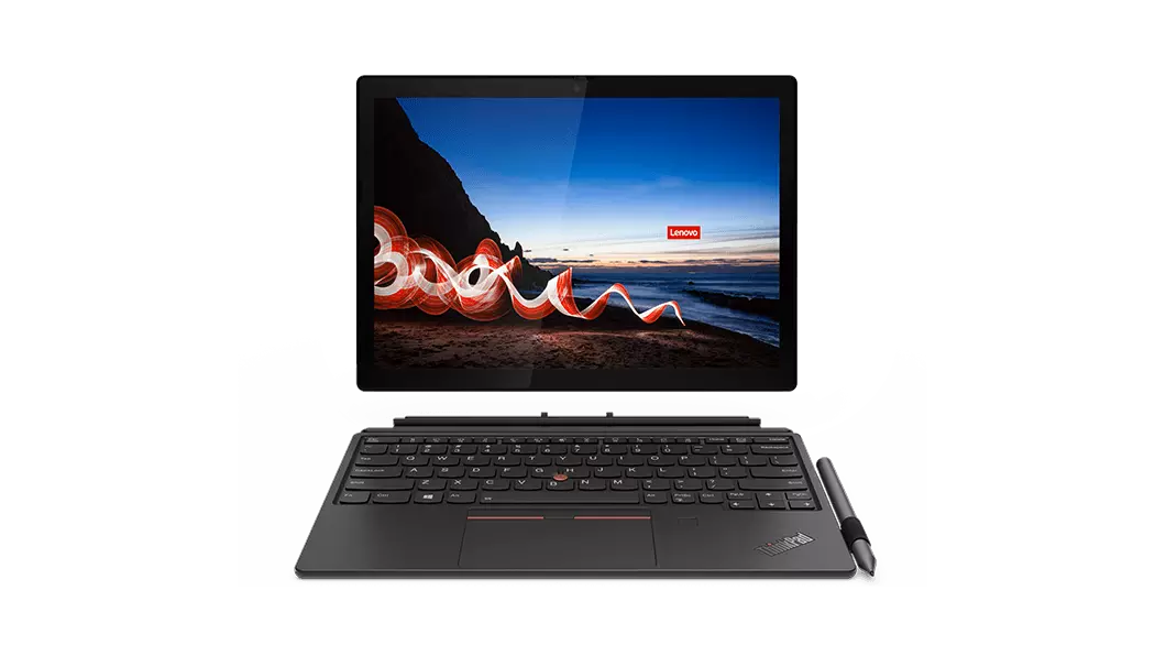 Front-facing Lenovo ThinkPad X12 Detachable tablet with keyboard detached.