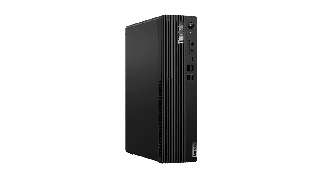 Front facing Lenovo ThinkCentre M90s Gen 2 small form factor positioned vertically, angled slightly to show left side.
