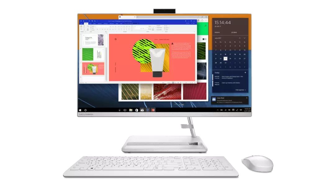 Imagen frontal de la PC Lenovo all in one IdeaCentre AIO 3i 6ta Gen (27&quot;, Intel) en color blanco, con teclado y mouse inalámbricos también blancos (opcionales)