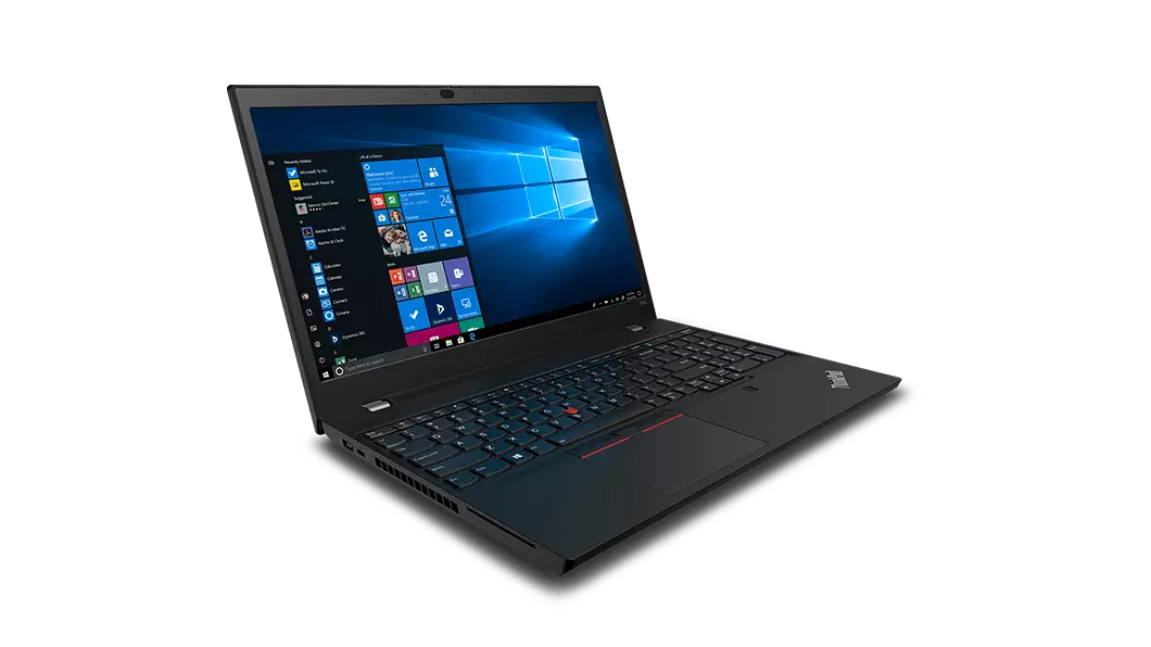 Lenovo ThinkPad P15v mobile workstation—3/4 left-front view, with display showing Windows menu