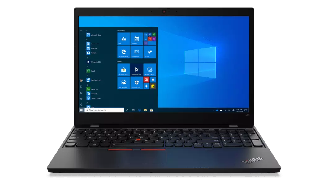 Front-facing Lenovo ThinkPad L15 Gen 2 (Intel) laptop open 90 degrees, showing 15” Windows 10 Pro display and keyboard.