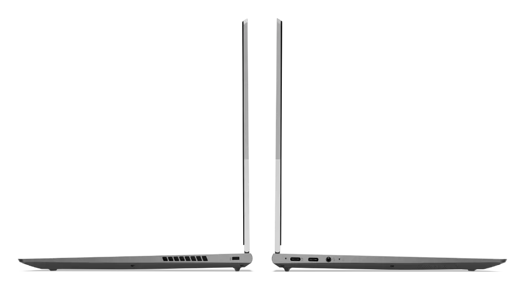 Vista de ambos perfiles de la laptop Lenovo ThinkBook 14p 2da Gen (14”, AMD) abierta a 90°