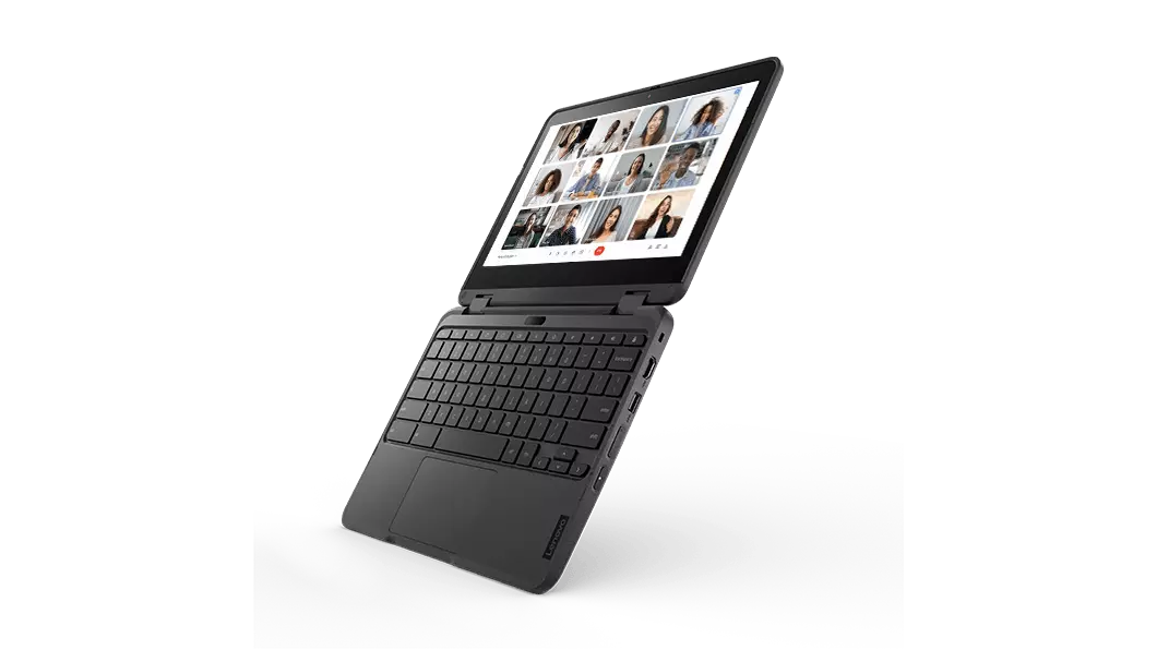 Right-side angle of Lenovo 300e Chromebook Gen 3 2-in-1 open 180 degrees. 