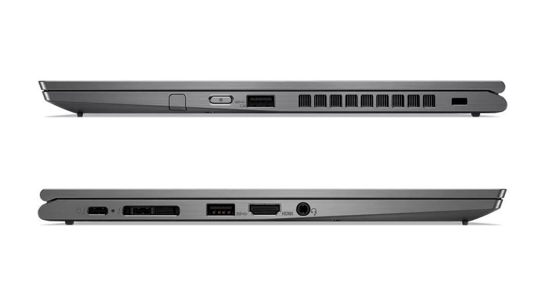 Left and right side view of two closed Lenovo ThinkPad X1 Yoga 4th Gen showing side ports