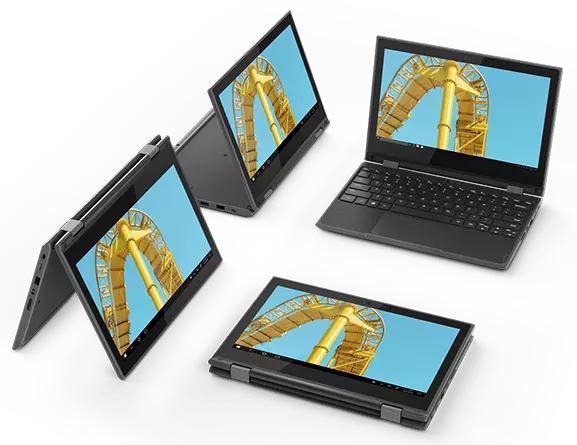 Lenovo 300e AMD laptop, shown in four different positions. It&rsquo;s a laptop with a 360 degree hinge. Shown top-right, as a laptop. Bottom-right as a tablet, with the keyboard on the table. Bottom-left as a tent, with the hinge at the top of the system. And top-left as a tablet-stand, with the keyboard on the table, effectively halfway to tablet mode.