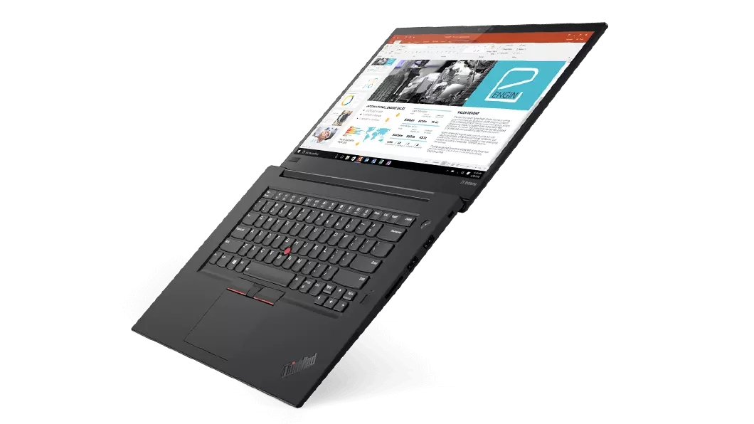 Lenovo ThinkPad X1 Extreme, öppen 180 grader, främre sidovy.
