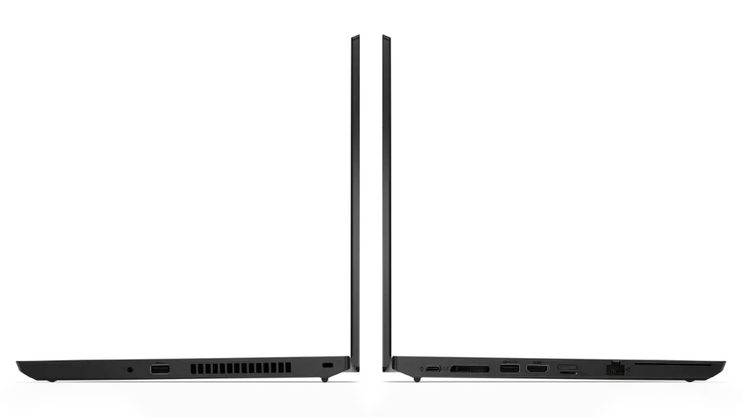Dois portáteis Lenovo ThinkPad L14 (2.ª geração) (Intel) costas com costas, abertos a 90 graus, a mostrar os perfis laterais esquerdo e direito.