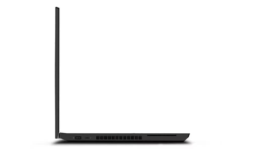 Lenovo ThinkPad T15p 90 astetta avattuna, vasemmalla puolella olevat liitännät näkyvissä