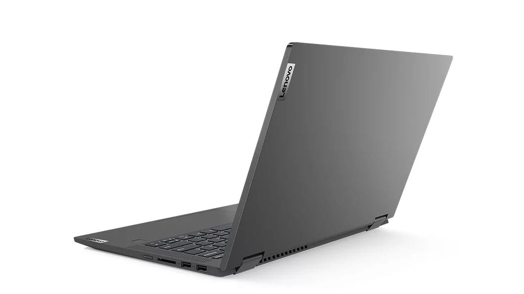Left angle rear view of the graphite grey IdeaPad Flex 5 laptop