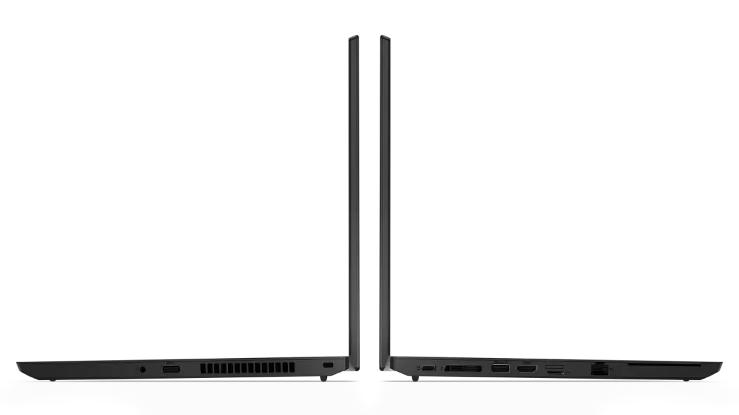 Two Lenovo ThinkPad L15 Gen 2 (Intel) laptops back-to-back, open 90 degrees, showing left and right side profiles.