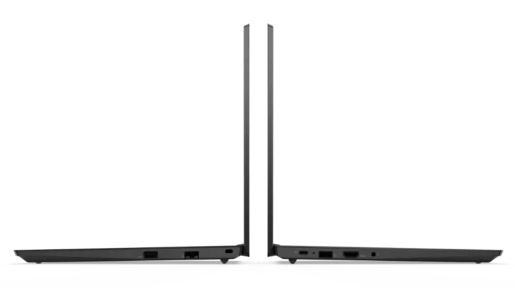 Right and left side views of two black Lenovo ThinkPad E15 Gen 2 laptops sitting back-to-back