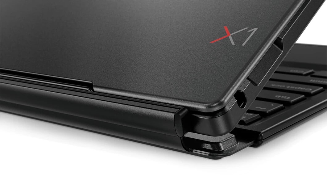 Detail of new X1 logo on back side of Lenovo ThinkPad X1 Tablet.