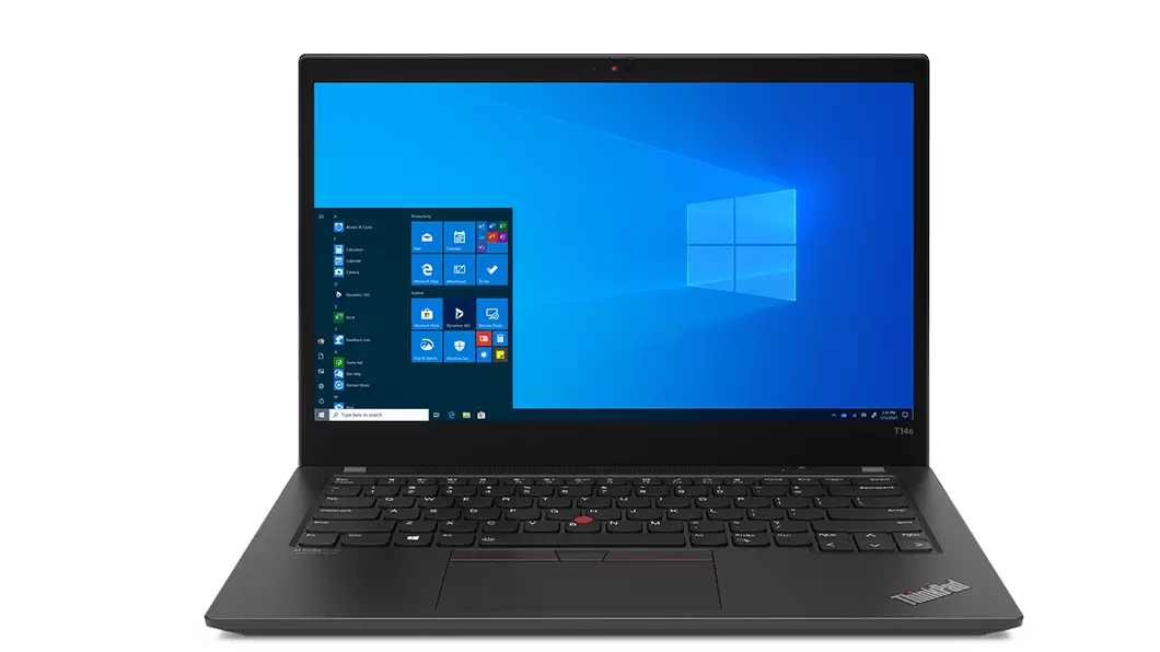 Vista frontal de la portátil Lenovo ThinkPad T14s de 2da Gen (14”, AMD) que muestra el teclado y Windows 10 Pro en la pantalla, en color Villi black (negro)