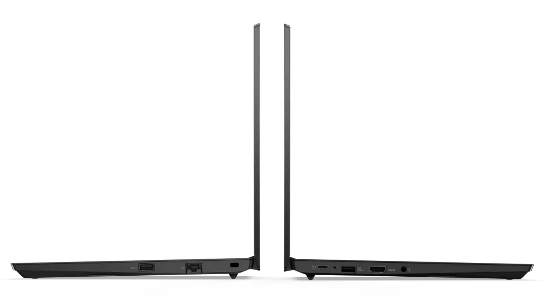 Seitenansicht von zwei schwarzen Lenovo ThinkPad E14 Gen 2 Notebooks mit den Rückseiten zueinander