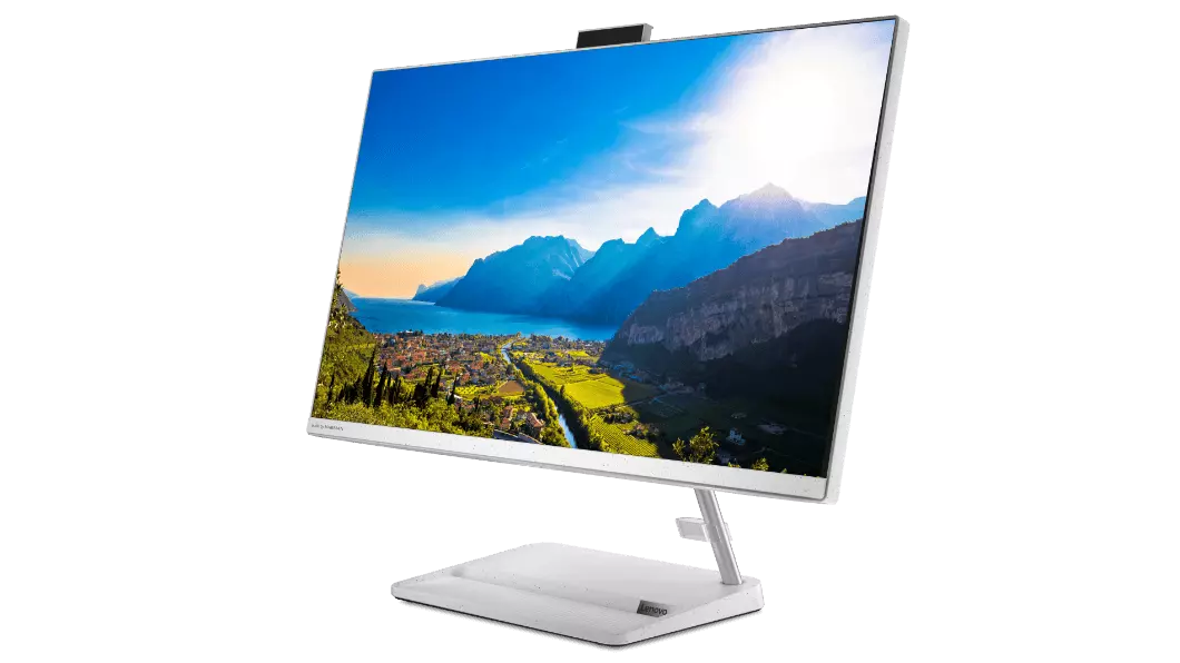 Imagen de semiperfil derecho de la PC Lenovo todo en uno IdeaCentre AIO 3i 6ta Gen (27&quot;, Intel) en color blanco, con la pantalla asomada por la parte superior de la pantalla