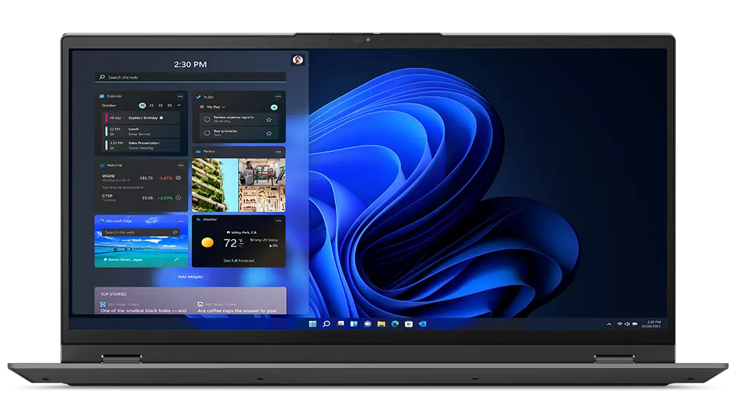 Parte frontal del Lenovo ThinkBook Plus Gen 3ra Gen (17", Intel) en cuya pantalla se muestran remolinos azules