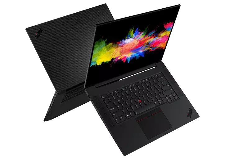 Two back-to-back floating Lenovo ThinkPad P1 Gen 4 (16”) mobile workstations open 90 degrees