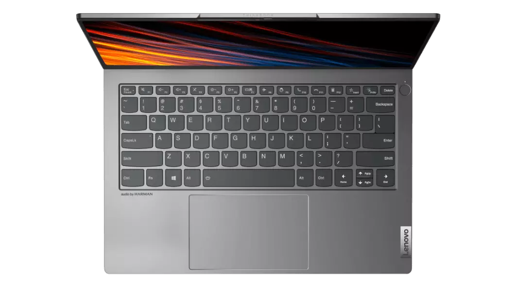 Imagen superior de la laptop Lenovo ThinkBook 14p 2da Gen (14”, AMD) abierta a poco más de 90°