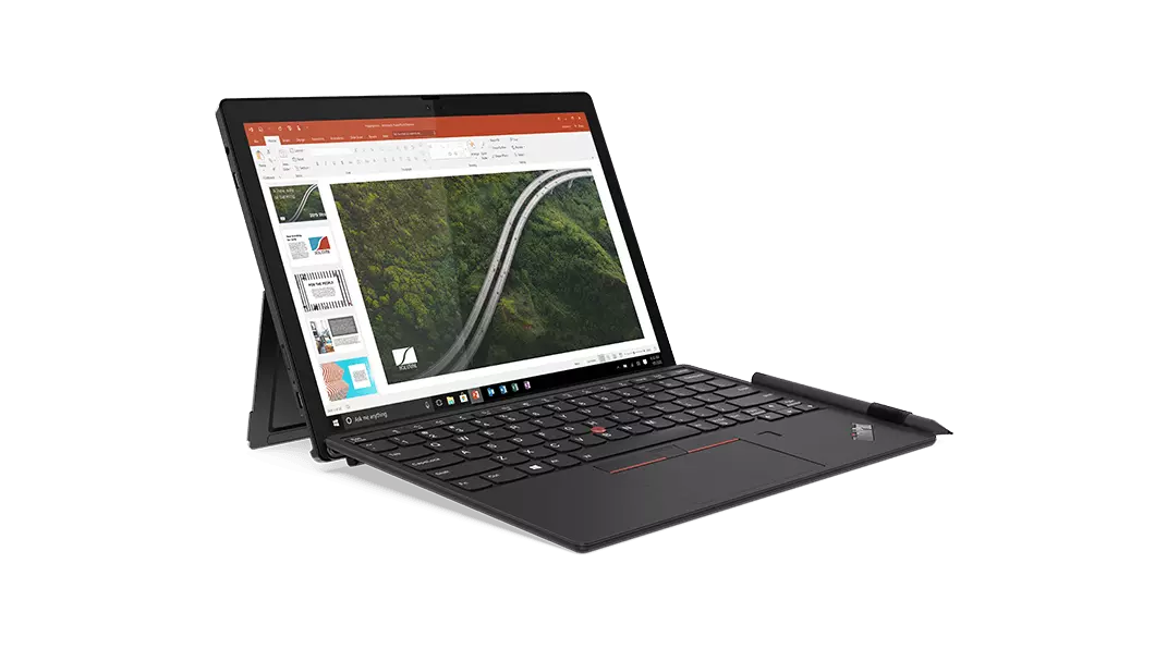 Front-facing Lenovo ThinkPad X12 Detachable angled to show left-side ports, with attached optional keyboard.
