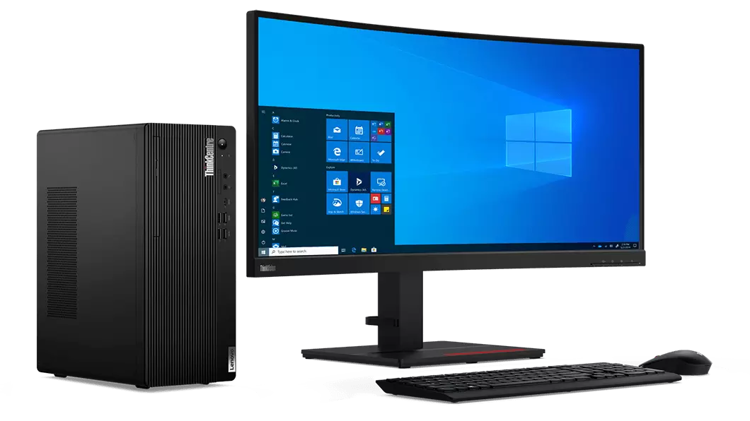 Lenovo ThinkCentre M75t Gen 2 sedd från höger bredvid bildskärm, tangentbord och mus