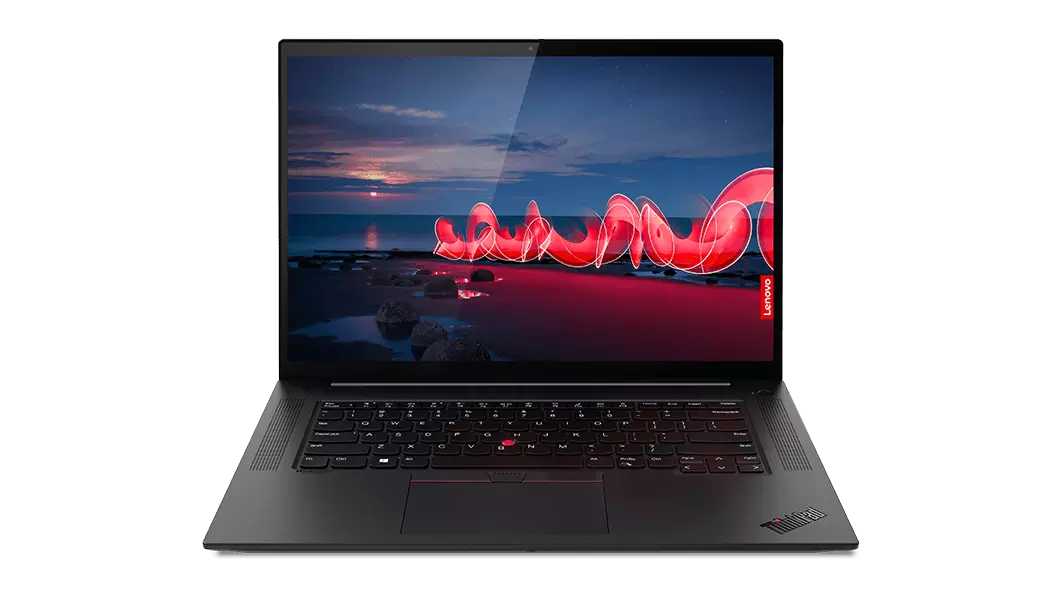 Front facing  Lenovo ThinkPad X1 Extreme Gen 4 open 90 degrees showing 16" screen and keyboard.