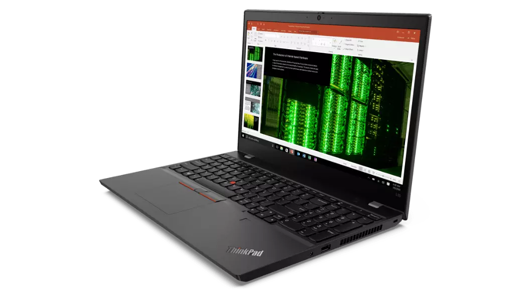 Lenovo ThinkPad L15 Gen 2 (15” AMD) laptop—3/4 right-front view with lid open and display showing presentation/slide app.