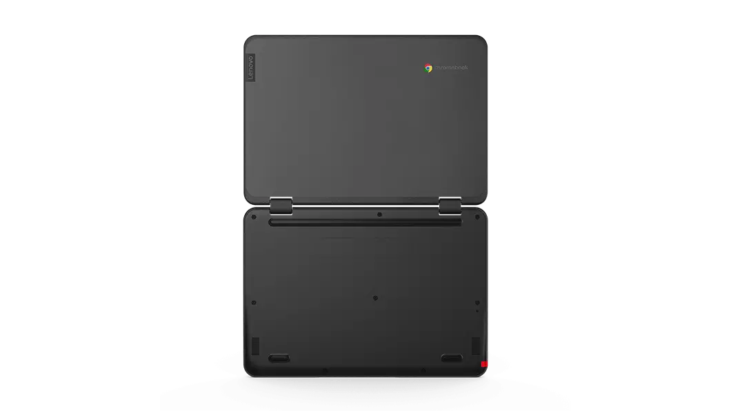 Overhead shot of Lenovo 300e Chromebook Gen 3 device open 180 degrees, showing top and bottom covers.