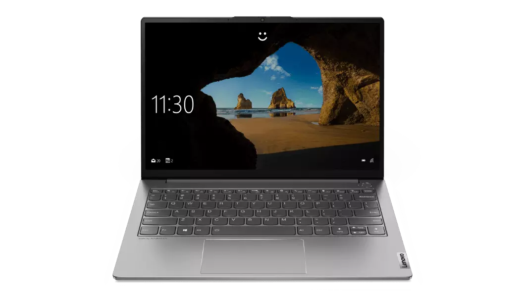 Portátil Lenovo ThinkBook 13s de 3.ª generación (13", AMD): vista frontal con la tapa abierta y página de inicio de sesión en la pantalla