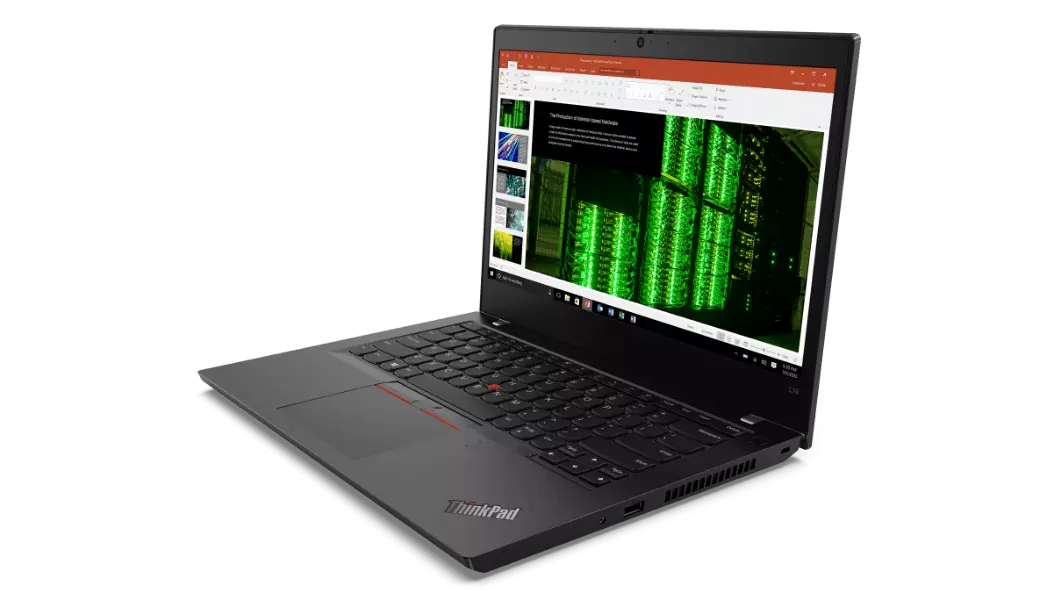 Lenovo ThinkPad L14 Gen 2 (14” AMD) laptop—3/4 right-front view with lid open and display showing presentation/slide app.