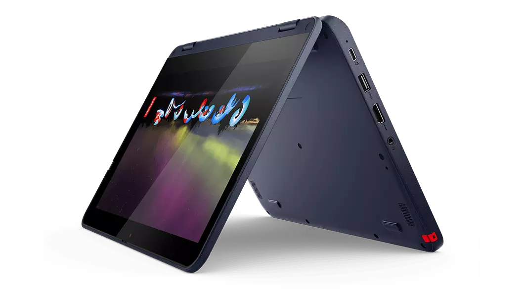 Lenovo 300w Gen 3 2-in-1 laptop in Tent mode, angled to show left-side ports and garaged pen.